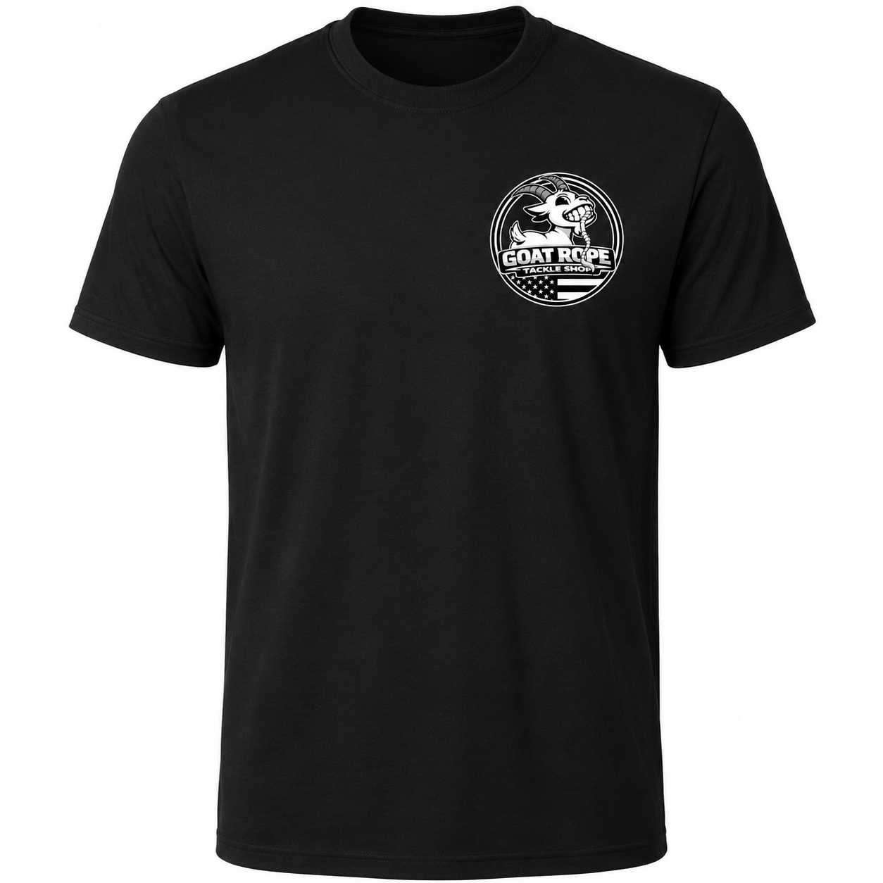 A black short-sleeve crewneck t-shirt with a white circular graphic on the left chest featuring a goat, a rope, and the text 'GOAT ROPE'.