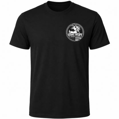 A black short-sleeve crewneck t-shirt with a white circular graphic on the left chest featuring a goat, a rope, and the text 'GOAT ROPE'.