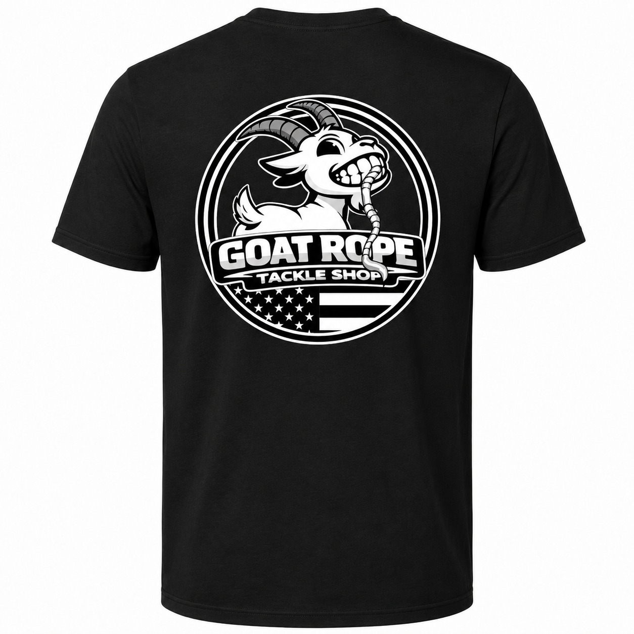 A black short-sleeve t-shirt with a large white circular graphic on the back featuring a cartoon goat holding a rope and the text 'GOAT ROPE TACKLE SHOP' over an American flag design.