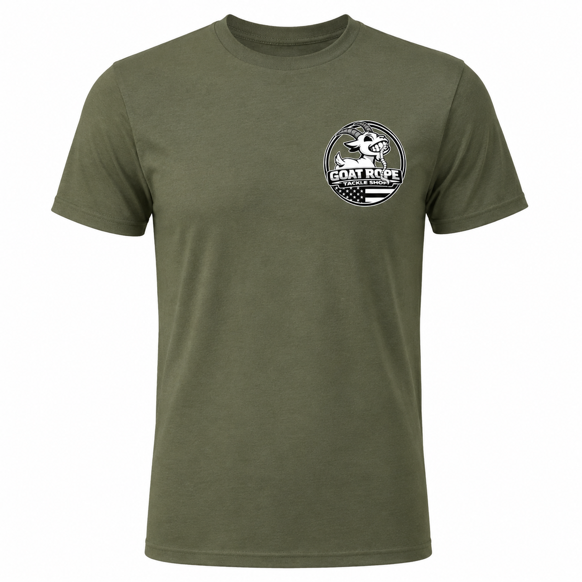 An olive green crewneck t-shirt with a circular black and white 'GOAT ROPE' logo printed on the left chest, displayed on a clean white background.