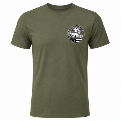 An olive green crewneck t-shirt with a circular black and white 'GOAT ROPE' logo printed on the left chest, displayed on a clean white background.