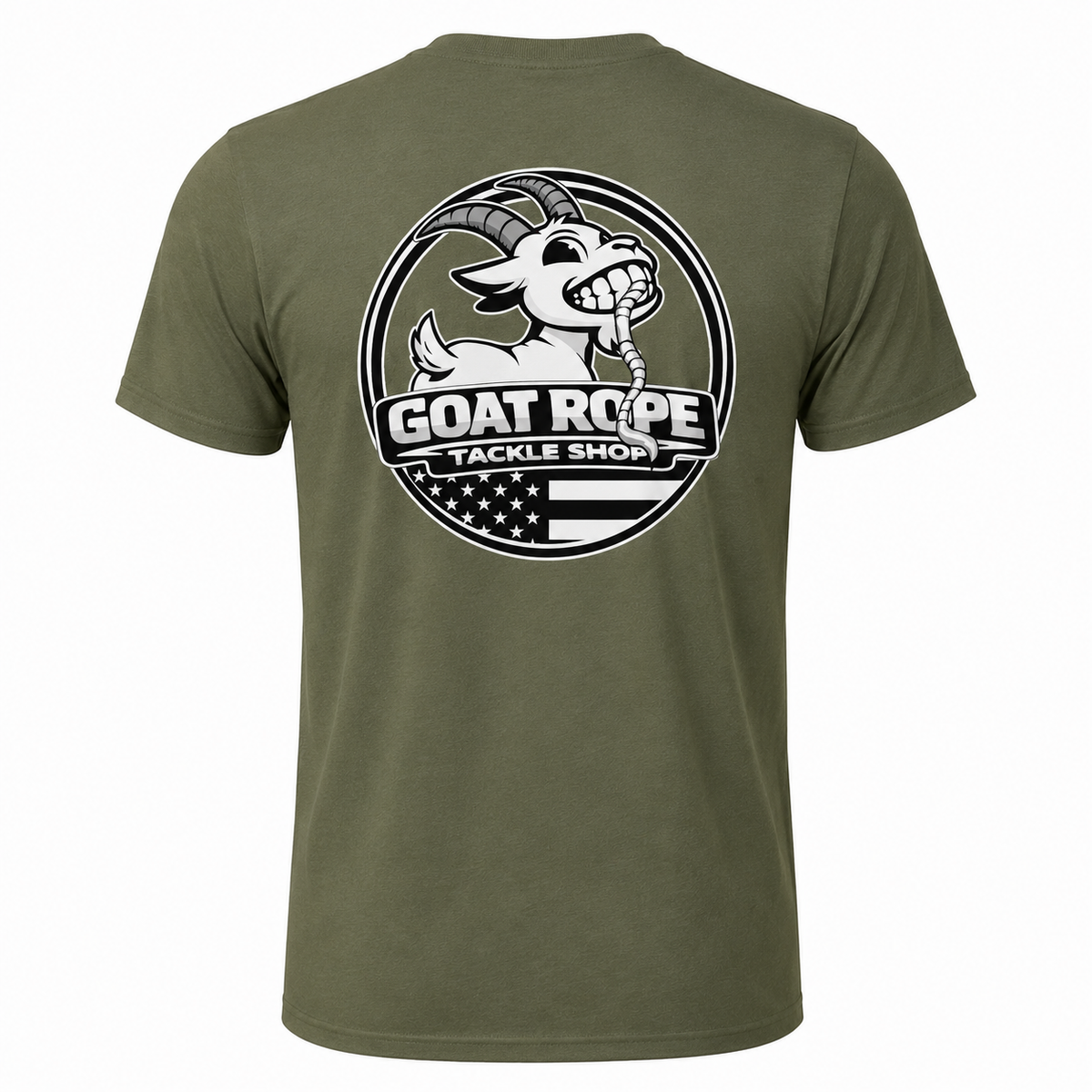 An olive green short-sleeve t-shirt shown from the back, featuring a large circular graphic print of a cartoon goat with a fishing line in its mouth and the text 'GOAT ROPE TACKLE SHOP' over a black and white American flag design.
