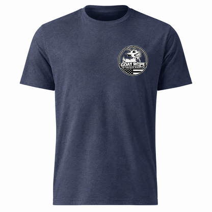 A heather navy blue short-sleeve crewneck t-shirt with a circular white and black Coast Rope logo printed on the left chest, shown against a plain white background.