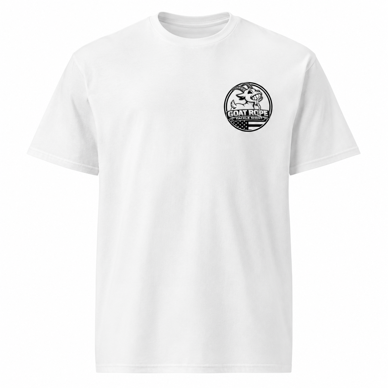 A white short-sleeve crewneck t-shirt featuring a small black graphic of crossed axes on the left chest, displayed on a clean white background.