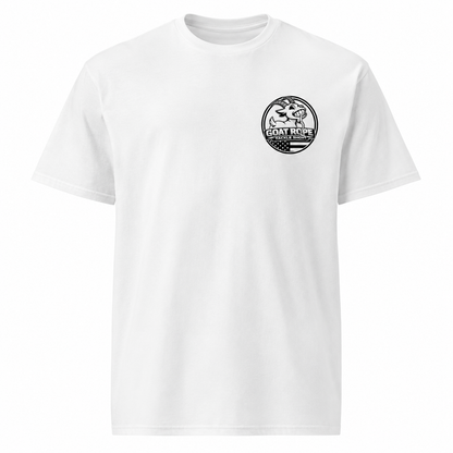 A white short-sleeve crewneck t-shirt featuring a small black graphic of crossed axes on the left chest, displayed on a clean white background.