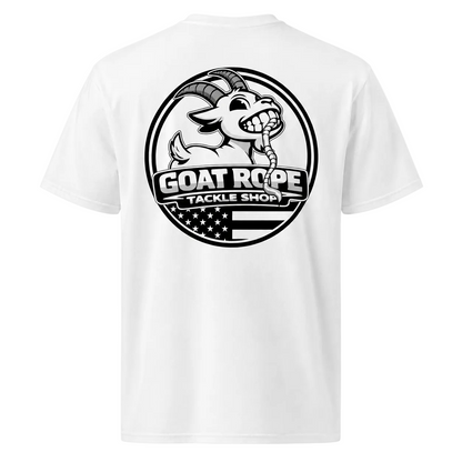 White short-sleeve crewneck t-shirt showing the back, which features a large black circular graphic of a goat mascot with the text 'GOAT ROPE TACKLE SHOP' and an American flag design.