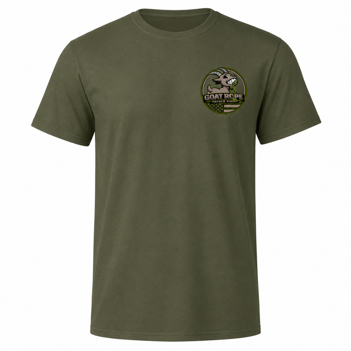 An olive green crewneck t-shirt with a circular 'Goat Rope' logo printed on the left chest, displayed on a clean white background.