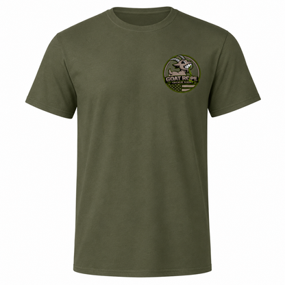 An olive green crewneck t-shirt with a circular 'Goat Rope' logo printed on the left chest, displayed on a clean white background.