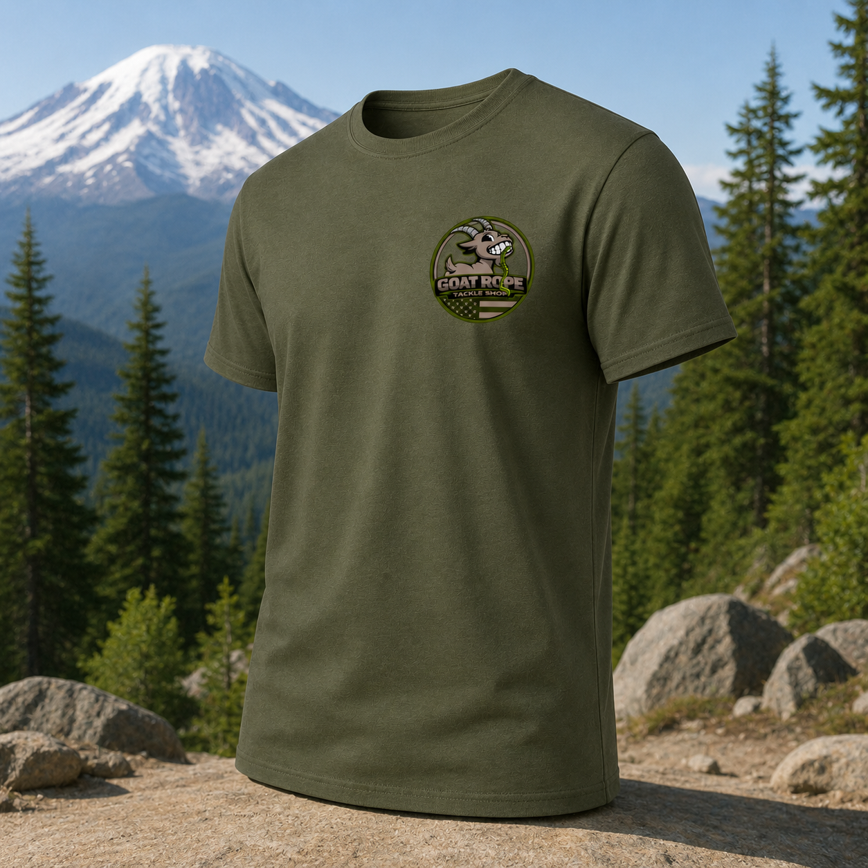 An olive green short-sleeve t-shirt with a circular 'Goat Rope' logo on the left chest, displayed against a scenic background of a snow-capped mountain, pine trees, and rocks.