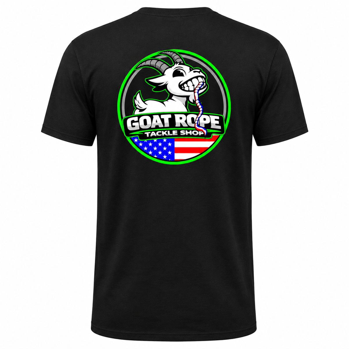 A black short-sleeve t-shirt shown from the back, featuring a large circular graphic print of a cartoon goat holding a fishing rod with the text 'GOAT ROPE TACKLE SHOP' and an American flag design.