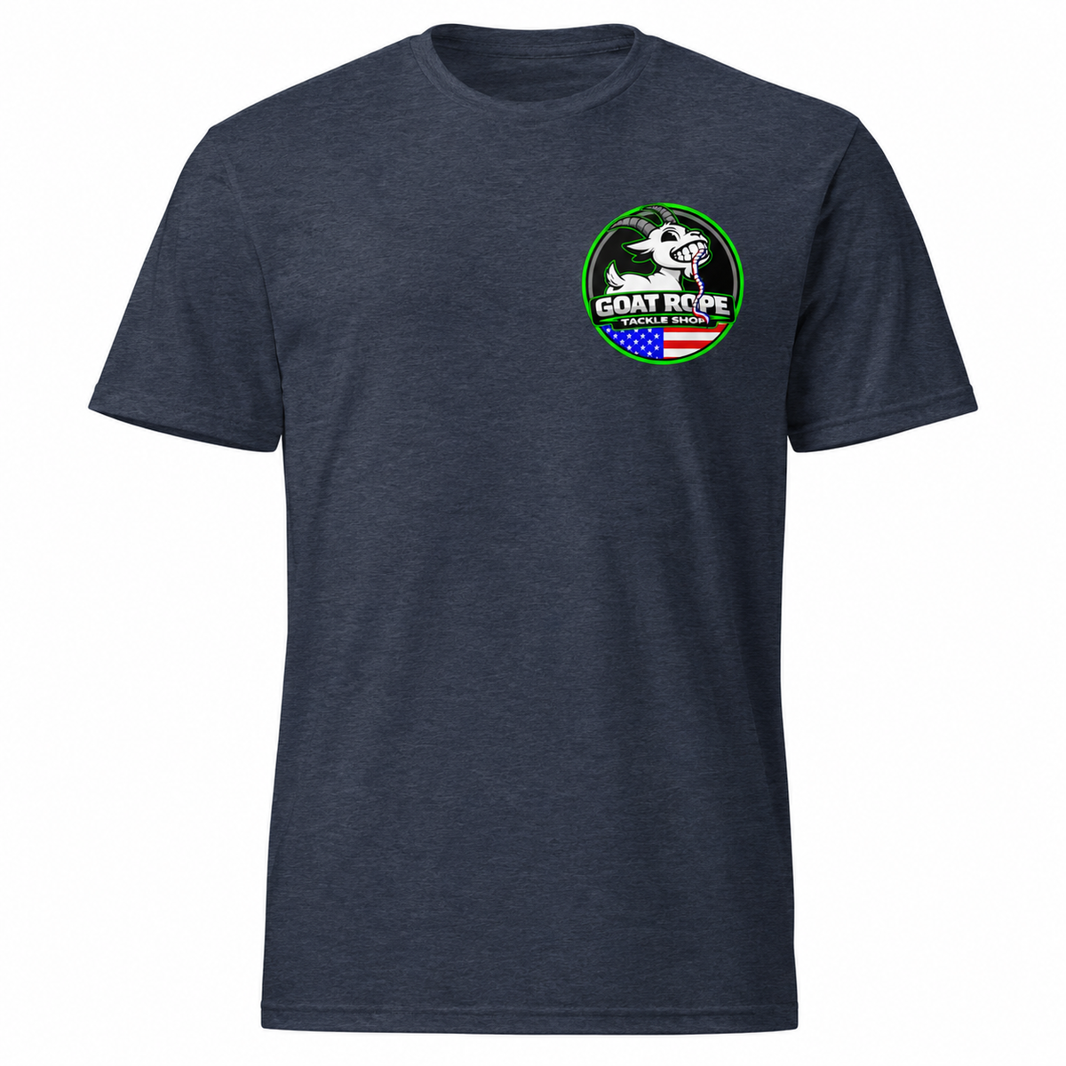 A heather navy blue short-sleeve t-shirt with a circular green, white, and red graphic on the left chest featuring a goat and the text 'GOAT ROPE'.
