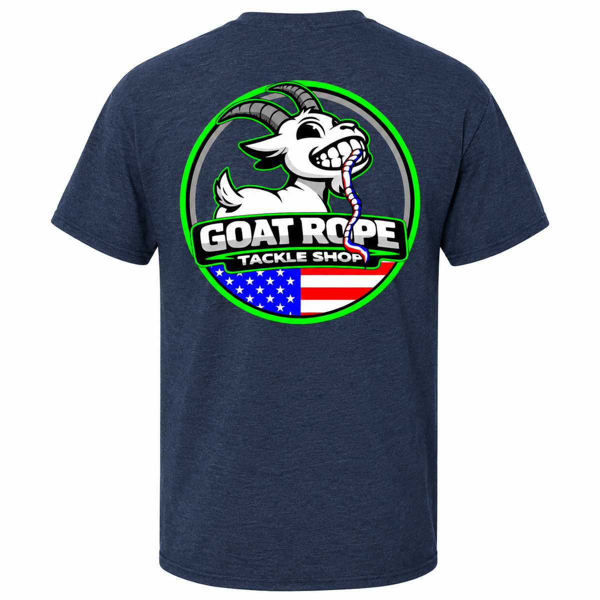 A navy blue heather t-shirt showing the back, which features a large circular graphic of a white goat with gray horns holding a red, white, and blue rope in its mouth. The text 'GOAT ROPE TACKLE SHOP' is written below the goat, with a US flag graphic at the bottom of the circle.
