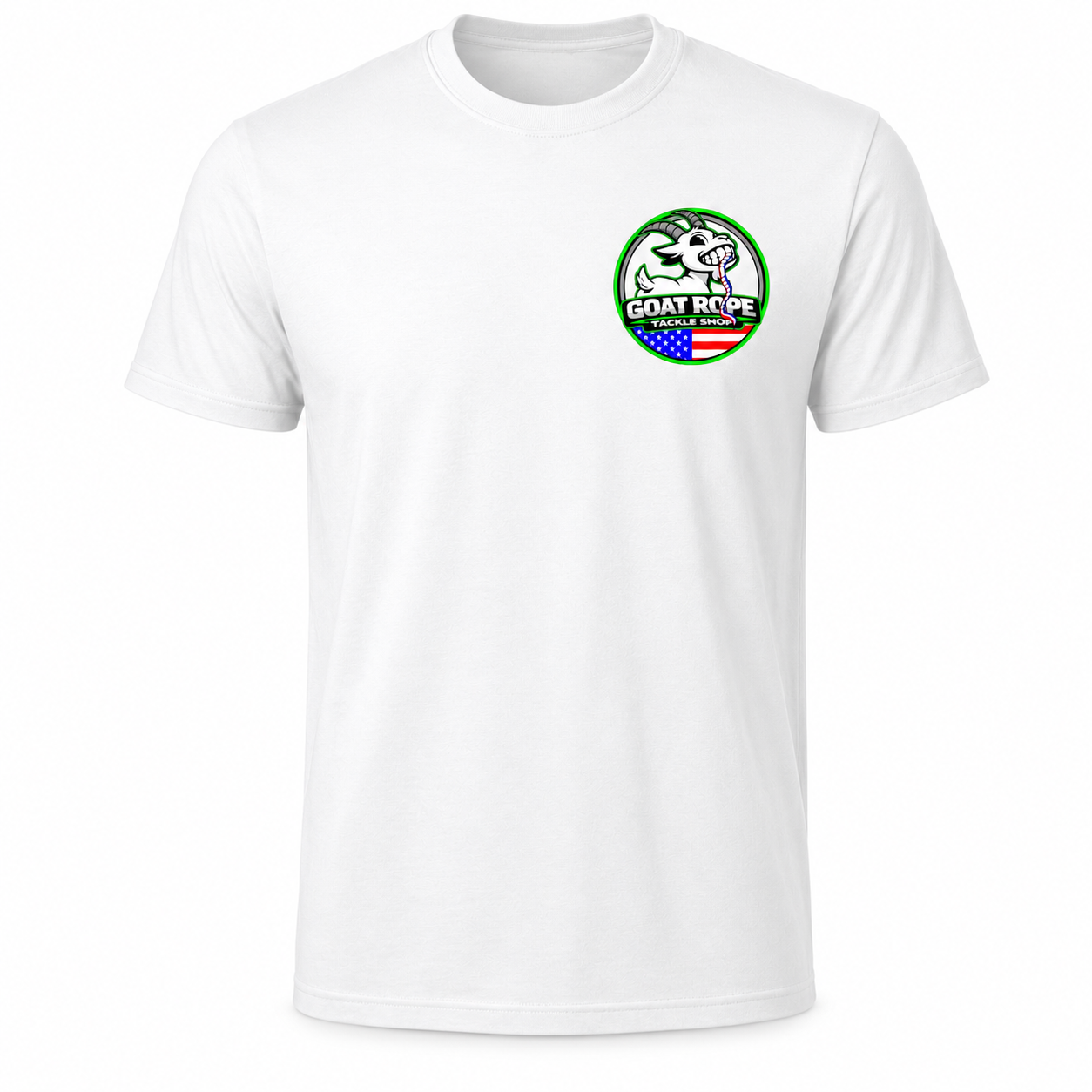 A white short-sleeve crewneck t-shirt with a circular green, black, and white graphic on the left chest featuring a goat and the text 'GOAT ROPE'.