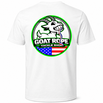 White short-sleeve t-shirt shown from the back, featuring a large circular graphic print with a cartoon goat, the text 'GOAT ROPE TACKLE SHOP,' and an American flag motif.