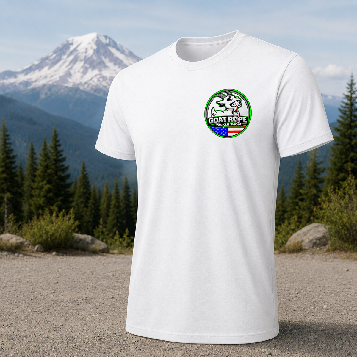 A white short-sleeve crewneck t-shirt with a circular 'Gnat Rupture' logo on the left chest, displayed against a scenic background of a snow-capped mountain, pine trees, and a gravel path.