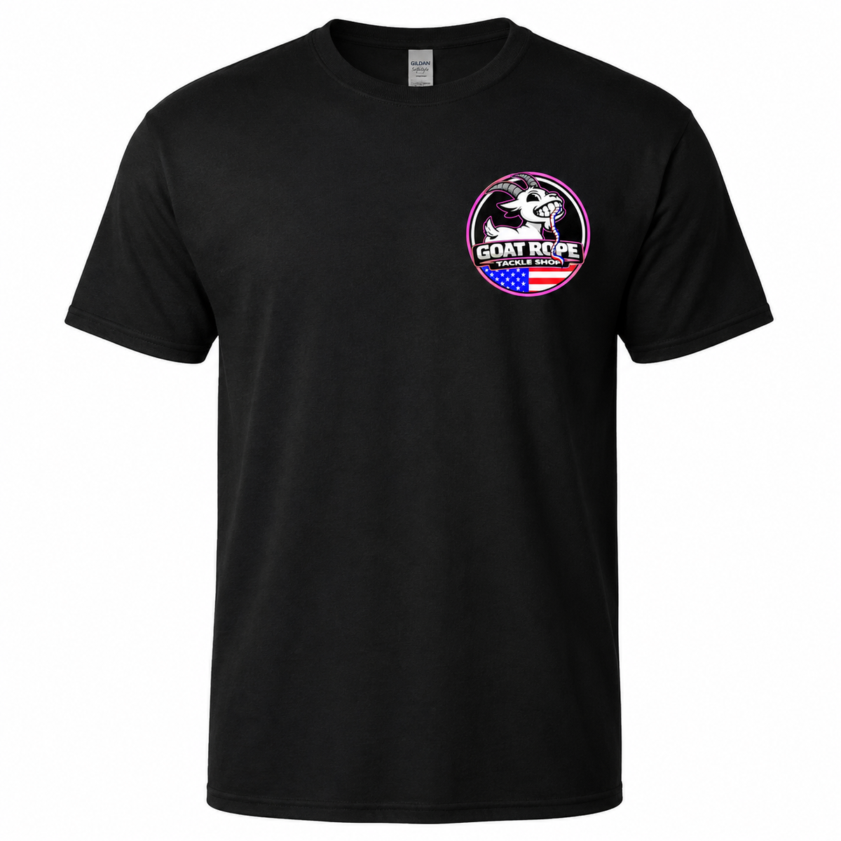 A black short-sleeve crewneck t-shirt with a circular graphic on the left chest featuring a goat, the text 'GOAT ROPE', and an American flag motif, shown on a plain white background.