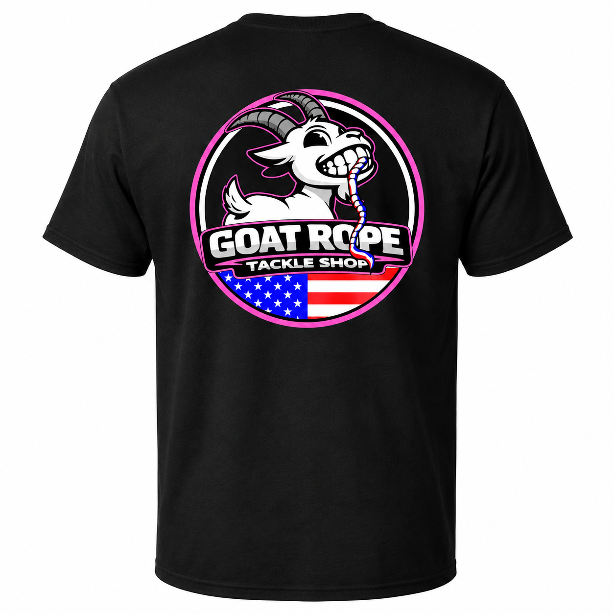 A black short-sleeve t-shirt shown from the back, featuring a large circular graphic print with a cartoon goat, the text 'GOAT ROPE TACKLE SHOP', and an American flag design.