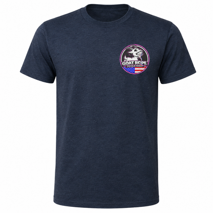 A navy blue heather crewneck t-shirt with a circular graphic on the left chest featuring a goat, the text 'GOAT ROPE', and an American flag motif.