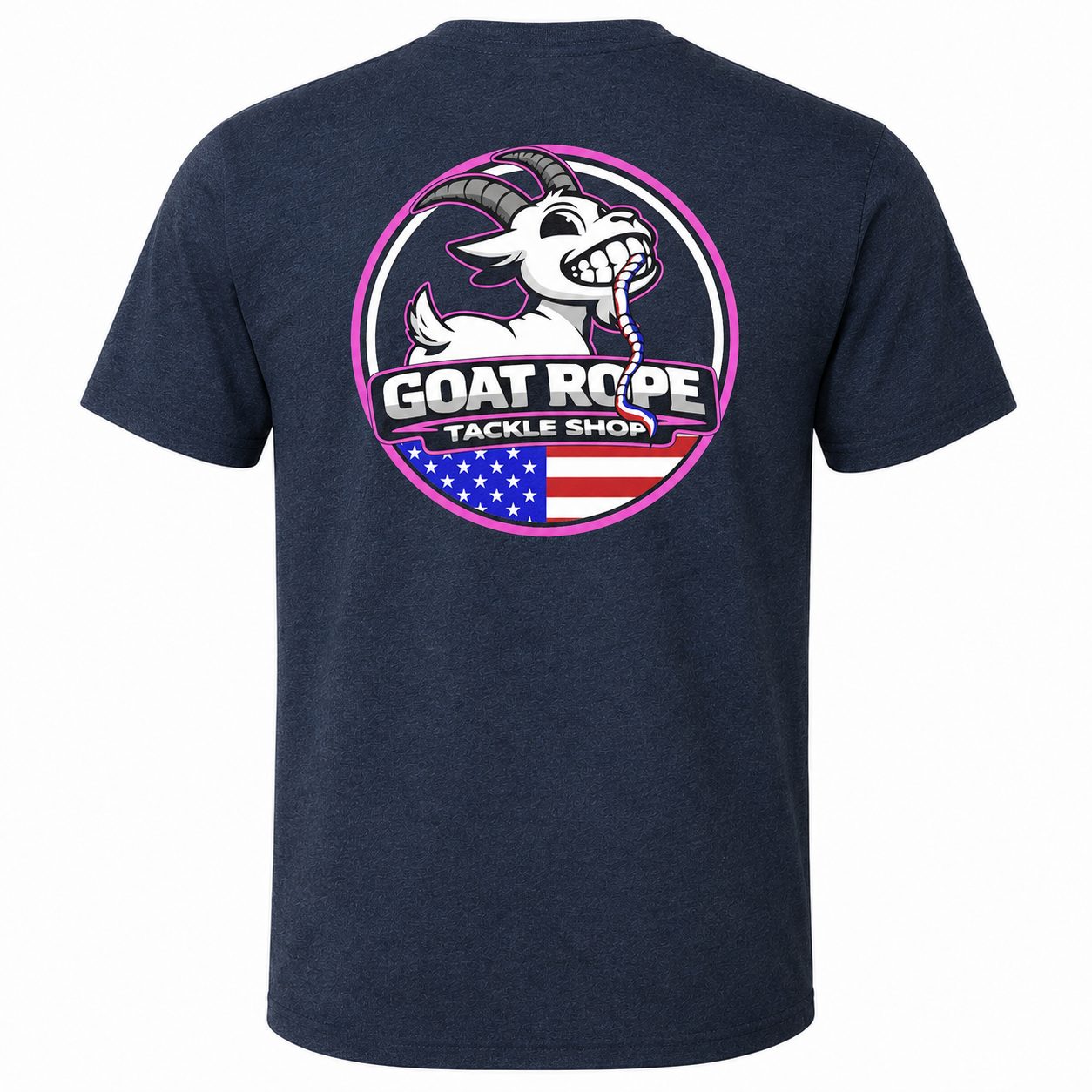 A navy blue heather short-sleeve t-shirt showing the back, which features a large circular graphic of a white cartoon goat with black horns holding a rope, with the text 'GOAT ROPE TACKLE SHOP' and an American flag design below.