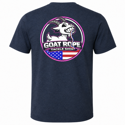 A navy blue heather short-sleeve t-shirt showing the back, which features a large circular graphic of a white cartoon goat with black horns holding a rope, with the text 'GOAT ROPE TACKLE SHOP' and an American flag design below.
