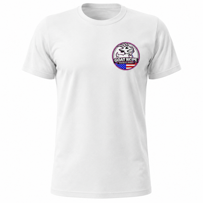 A white short-sleeve crewneck t-shirt featuring a circular graphic on the left chest with a goat head illustration and the text 'GOAT REPE' over an American flag design.
