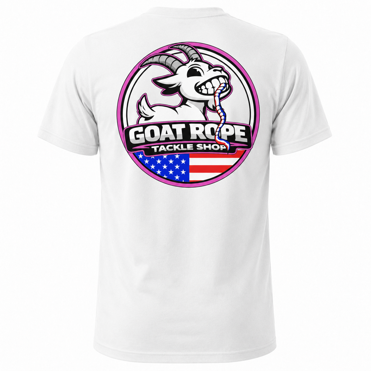 White short-sleeve t-shirt showing the back with a large circular graphic print. The graphic features a cartoon goat holding a rope, with the text 'GOAT ROPE TACKLE SHOP' and an American flag design below.