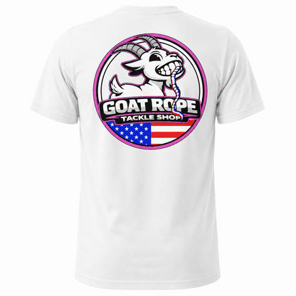 White short-sleeve t-shirt showing the back with a large circular graphic print. The graphic features a cartoon goat holding a rope, with the text 'GOAT ROPE TACKLE SHOP' and an American flag design below.