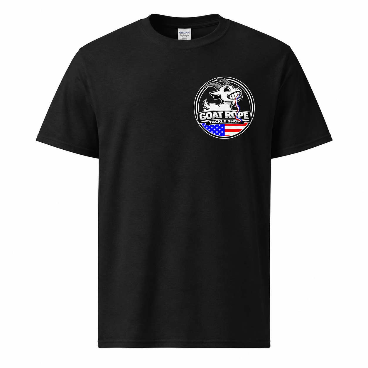 A black short-sleeve crewneck t-shirt with a circular chest graphic on the left side. The graphic features a white bull with a rope around its neck, with the text 'GOAT ROPE TACKLE SHOP' below it, and an American flag design at the bottom.