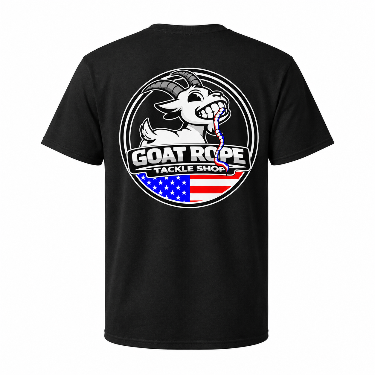 A black short-sleeve t-shirt shown from the back, featuring a large circular graphic print with a white cartoon goat, the text 'GOAT ROPE TACKLE SHOP', and an American flag motif.