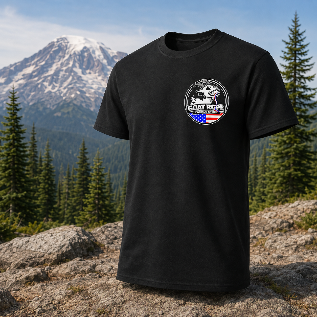 A black short-sleeve t-shirt with a circular 'GOAT ROPE' logo printed on the left chest, displayed against a scenic mountain and pine forest background.