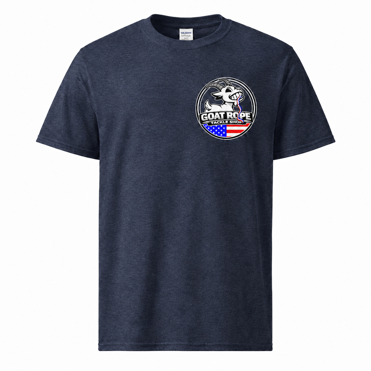 A navy blue heather short-sleeve t-shirt with a circular chest graphic featuring a cowboy riding a horse, the text 'GOAT ROPE', and an American flag motif, displayed on a clean white background.
