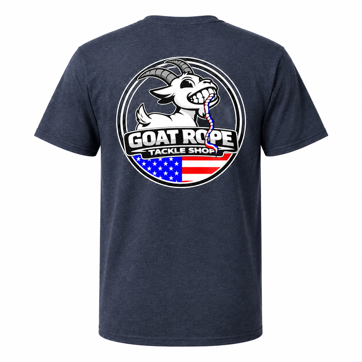 A heather navy blue short-sleeve t-shirt showing the back, which features a large circular graphic of a white goat with a red and white striped rope in its mouth, above the text 'GOAT ROPE TACKLE SHOP' and an American flag design.