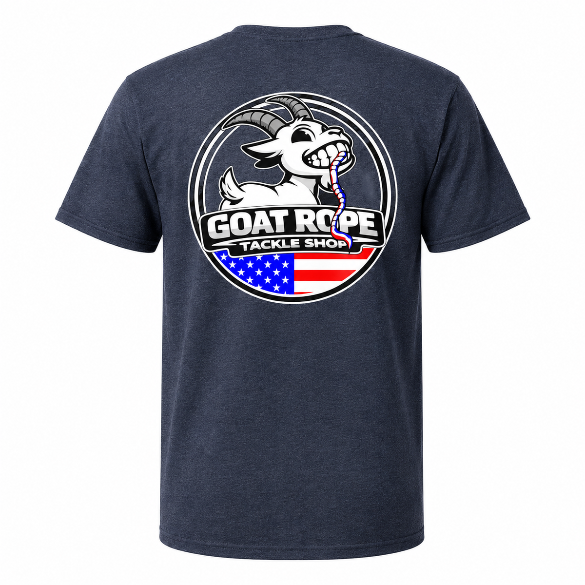 A heather navy blue short-sleeve t-shirt showing the back, which features a large circular graphic of a white goat with a red and white striped rope in its mouth, above the text 'GOAT ROPE TACKLE SHOP' and an American flag design.