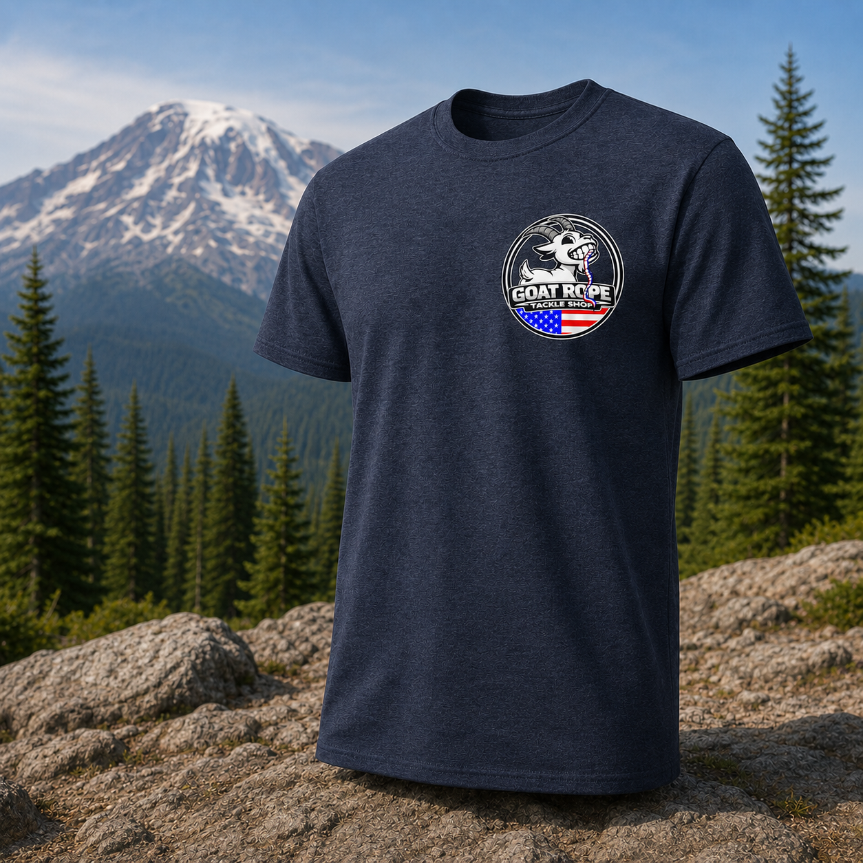 A heather navy blue short-sleeve t-shirt with a circular chest graphic, displayed against a scenic mountain and pine forest background. The graphic features a white snake and the words 'GOAT ROPE' with a small American flag design underneath.