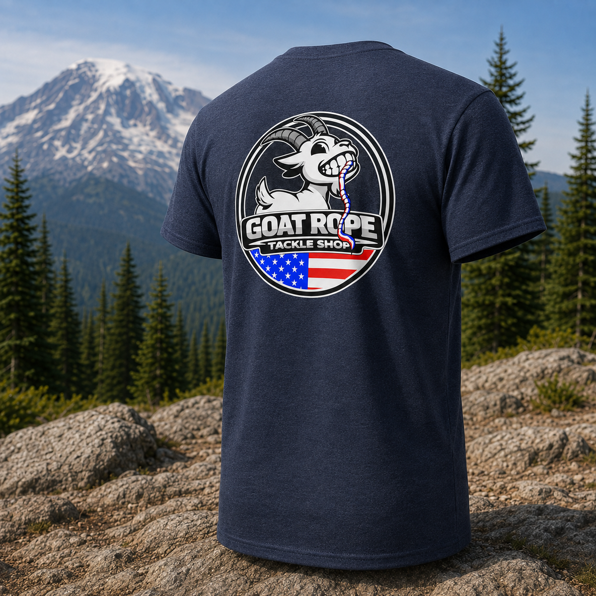 A navy blue short-sleeve t-shirt shown from the back, featuring a large circular graphic with a white goat, the text 'GOAT ROPE TACKLE SHOP', and an American flag motif. The shirt is displayed against a scenic outdoor background of a mountain and pine forest.