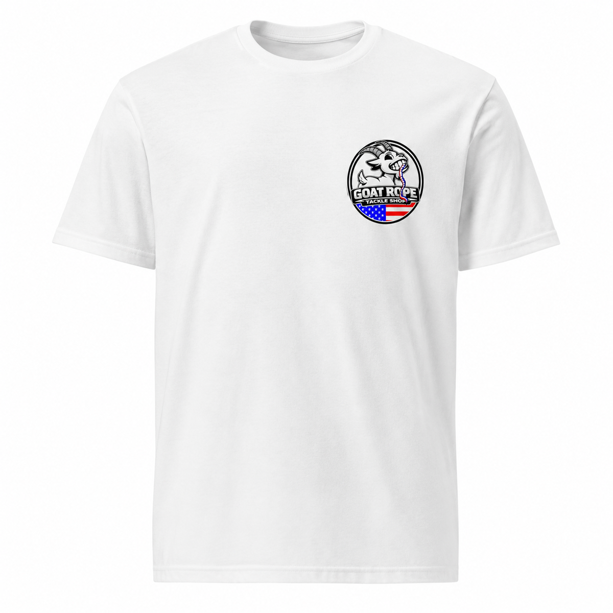 A white short-sleeve crewneck t-shirt with a circular 'GOAT ROPE' graphic printed on the left chest, featuring a goat head and an American flag motif.