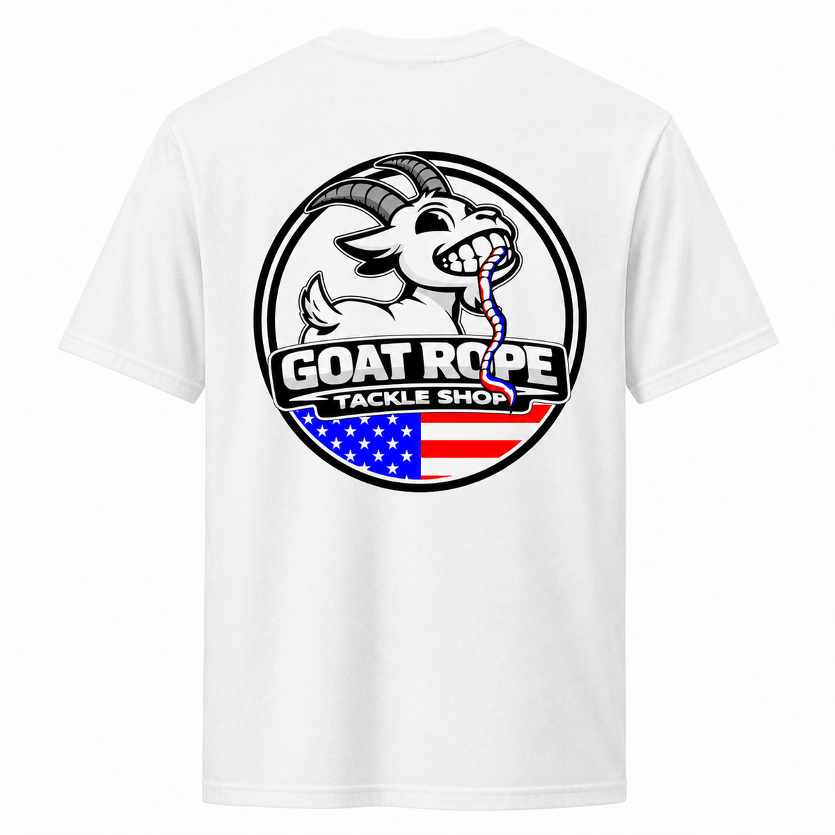 White short-sleeve t-shirt showing the back, which features a large circular graphic of a cartoon goat holding a rope, with the text 'GOAT ROPE TACKLE SHOP' and an American flag design below.