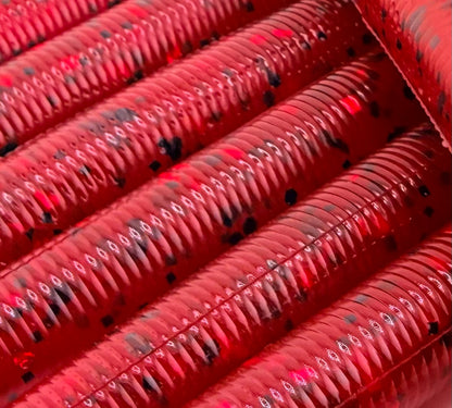 Transparent red soft plastic with black and red flake