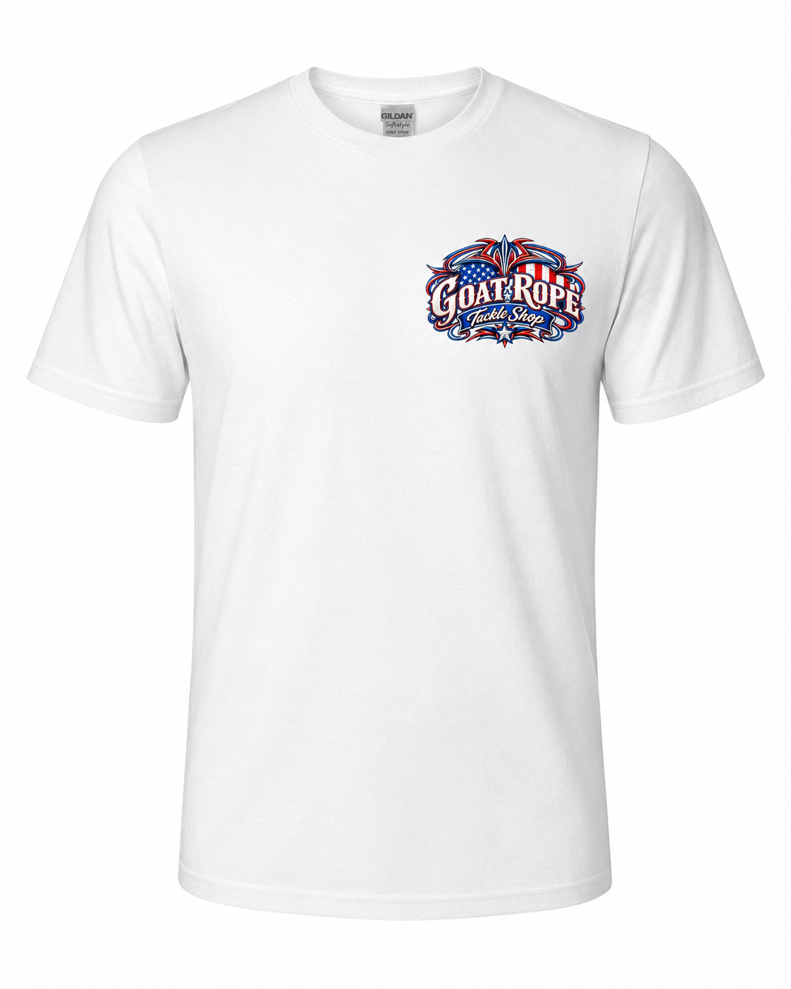 A white short-sleeve crewneck t-shirt featuring a patriotic red, white, and blue graphic on the left chest with the text 'GOAT ROPE' and 'Patriot 1st'.