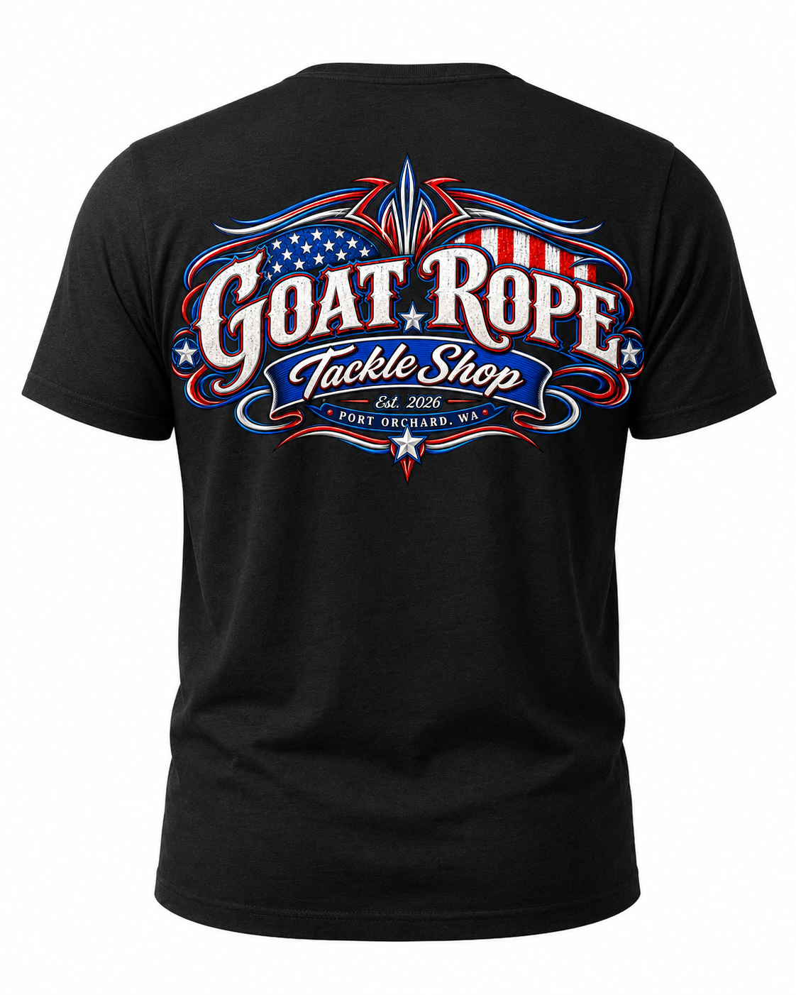 A black short-sleeve t-shirt shown from the back, featuring a large patriotic graphic with the text 'GOAT ROPE Tackle Shop' in white, red, and blue, styled with stars and an American flag motif.