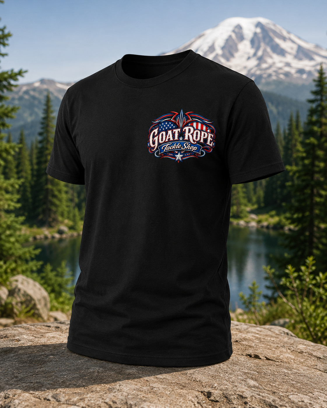 A black short-sleeve t-shirt with a 'Goat Rope Worldwide' graphic on the chest, displayed on a rock with a mountain and lake background.