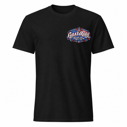 A black short-sleeve crewneck t-shirt with a 'Goat Rope' Logo