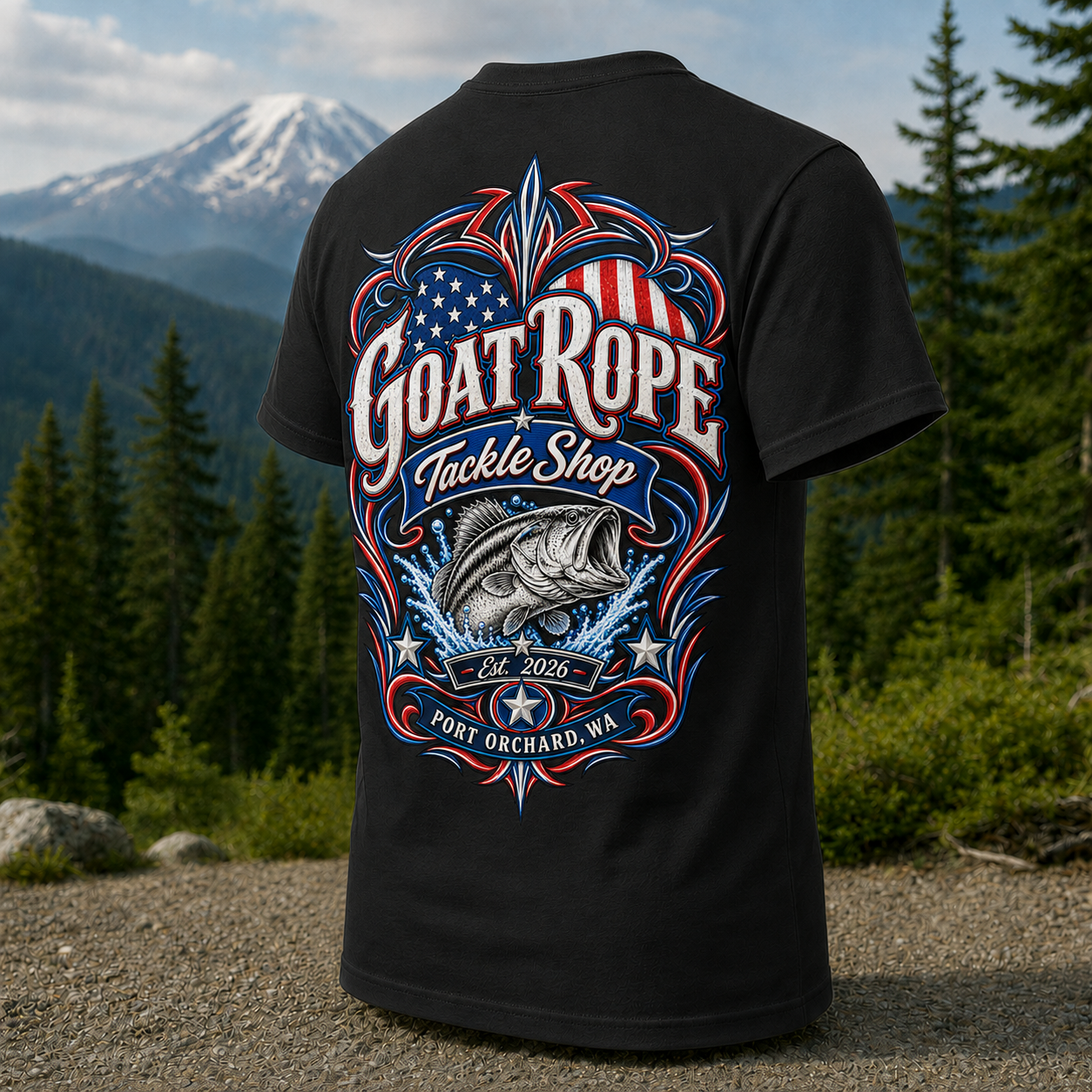 A black short-sleeve T-shirt shown from the back, featuring a large patriotic fishing graphic with the text 'Goat Rope Tackle Shop,' a fish illustration, stars, and red, white, and blue ornamental details. The shirt is photographed outdoors against a forest and snowy mountain background.
