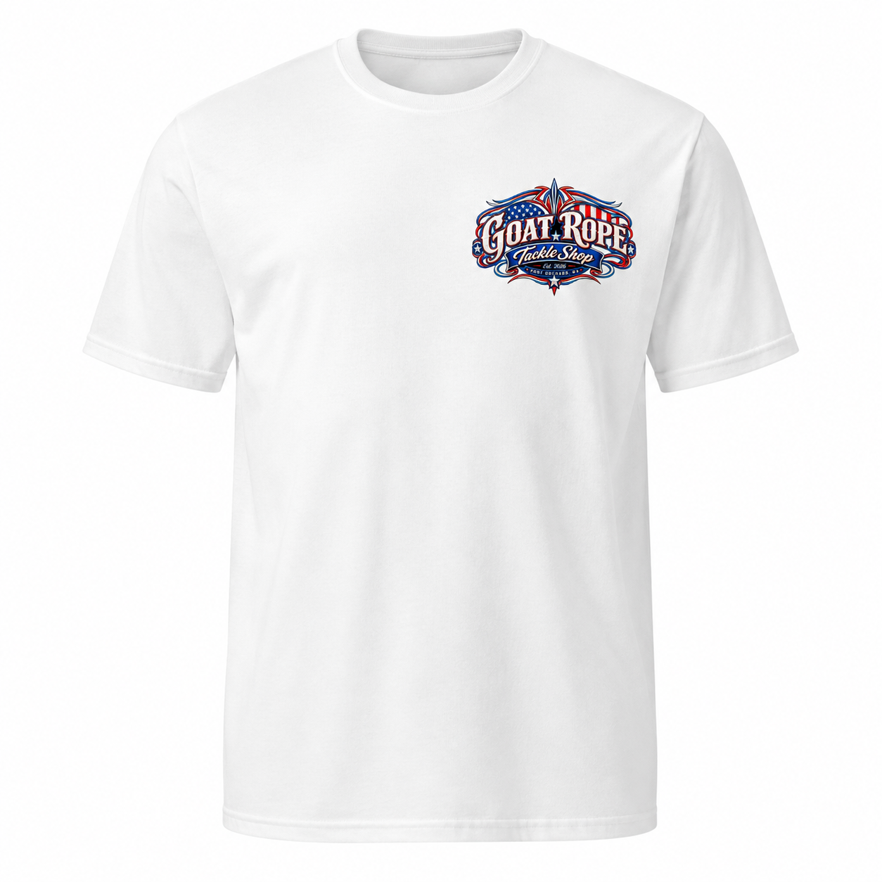 White t-shirt with a black circular logo on a white background