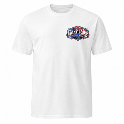 White t-shirt with a black circular logo on a white background