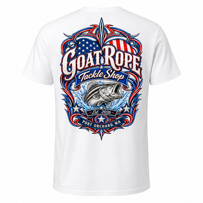 White short-sleeve t-shirt shown from the back, featuring a large graphic print with the text 'GOAT ROPE Tackle Shop', a fish illustration, stars, and red, white, and blue decorative elements.