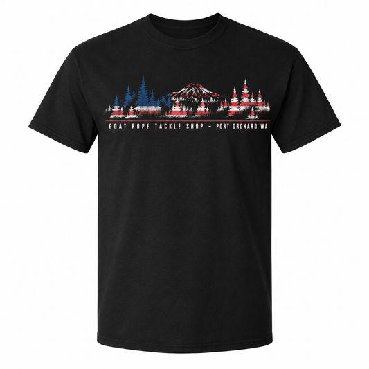 A black short-sleeve crewneck t-shirt featuring a graphic print of a mountain and fishing tackle shop in a stylized American flag pattern, with the text 'GOAT ROPE TACKLE SHOP - PORT Orchard WA' printed below.