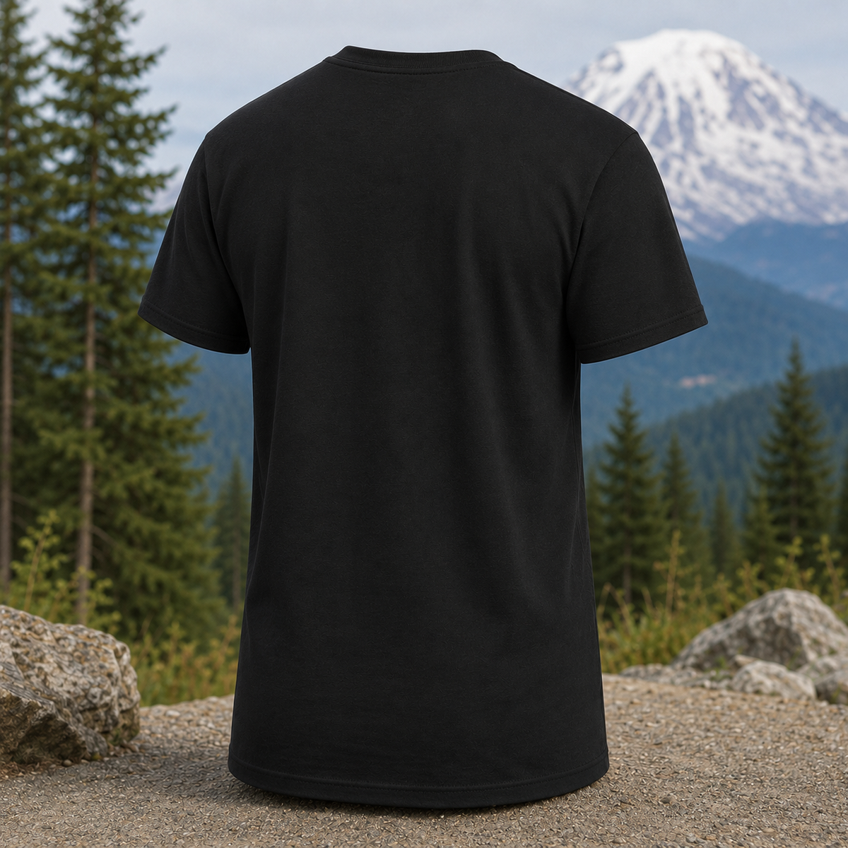 A black short-sleeve t-shirt shown from the back, standing upright outdoors with a mountain and pine forest background.