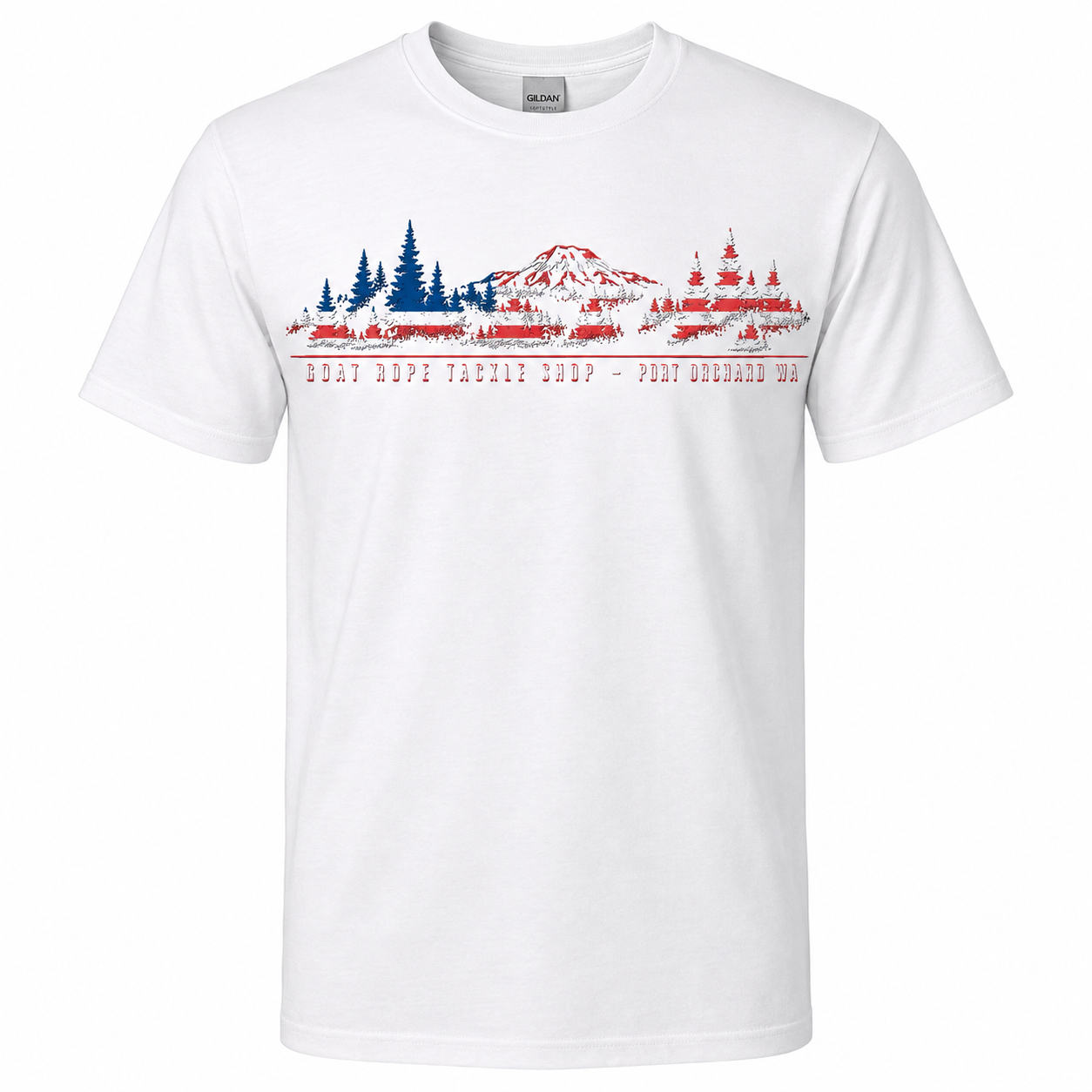 A white short-sleeve crewneck t-shirt featuring a graphic print of a mountain and fishing tackle shop in a stylized American flag pattern, with the text 'GOAT ROPE TACKLE SHOP - PORT Orchard WA' printed below.