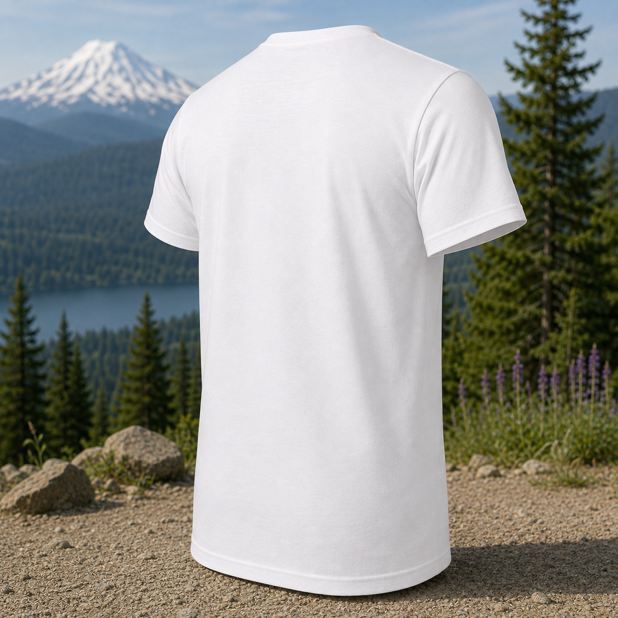 A plain white short-sleeve t-shirt shown from the back, positioned against a scenic outdoor background of a mountain, lake, and pine trees.